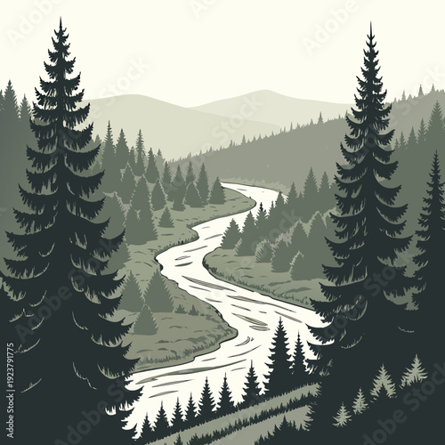 A serene forest landscape with a winding river