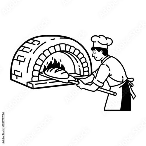 Baker Using Traditional Brick Oven Line Art Illustration