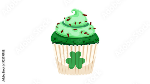 A digitally illustrated cupcake with green frosting and shamrock decoration on a white wrapper with sprinkles, viewed from the front