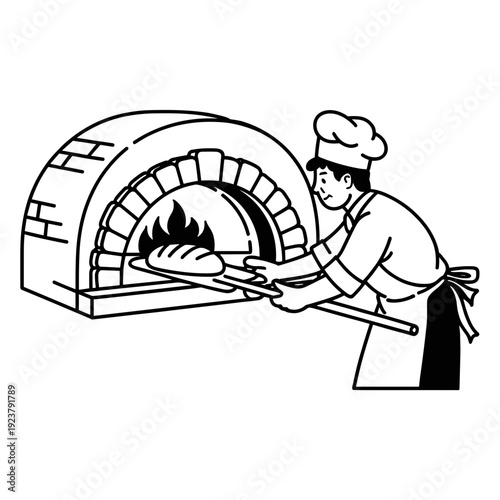 Baker Using Traditional Brick Oven Line Art Illustration