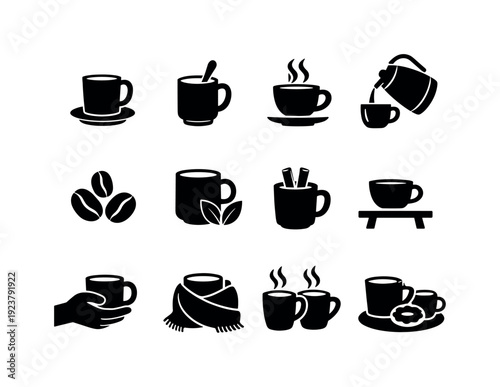 Warm Beverage Icons. Warm Beverage Setup. Solid icon set of warm beverage setup: mug and saucer, spoon and mug, steam above cup, kettle pour, coffee beans