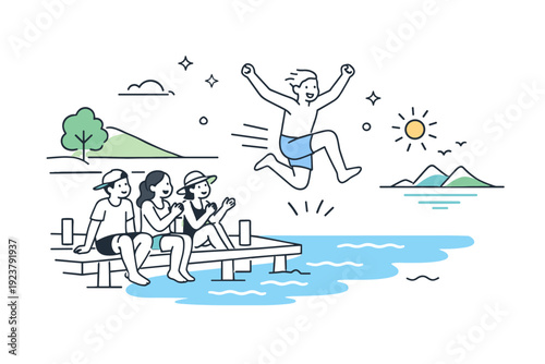 Jumping into the lake on a summer day. Friends watching as someone leaps into the water, simple dock and shoreline shapes nearby. Shared joy and spontaneous