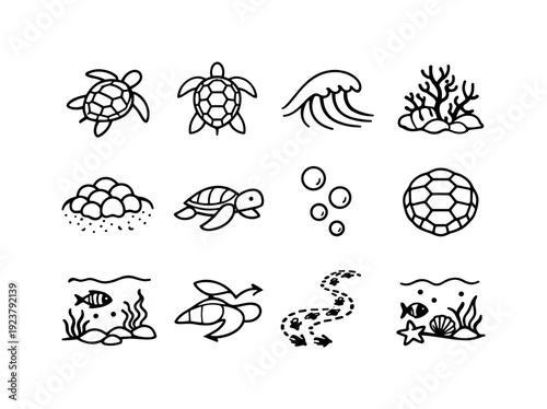 Cute hand-drawn sea turtle icons and ocean life elements for design