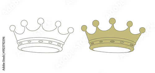 Two crown illustrations, one outline and one golden, signifying royalty, leadership, and a symbol of power, isolated on a white background.