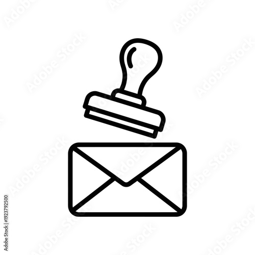 A minimalist line art icon of an envelope being stamped, featuring simple black lines on a white background, conveying a sense of official correspondence.