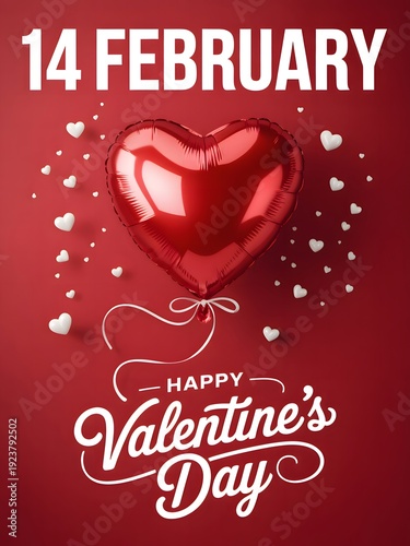 A red heart-shaped balloon with white hearts and Valentine's Day text