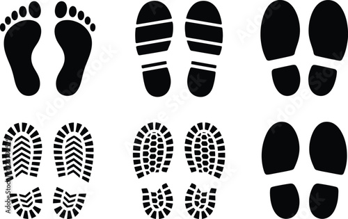 Collection of various shoe and foot prints on white background for design use