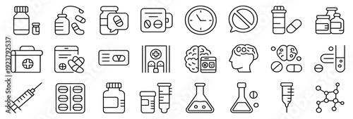 Diverse set of line icons illustrating medical concepts, including pharmaceuticals, healthcare, treatment, and scientific research with pills, bottles, and brains.
