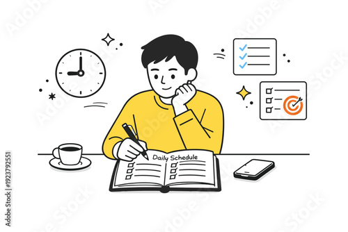 Planning and time management. A person reviewing a daily schedule on a notebook, calmly organizing tasks with clear priorities. The scene shows focus and