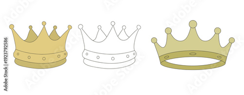 Three golden crowns and one outline crown illustration, representing royalty, leadership, and a regal status, isolated on a white background.