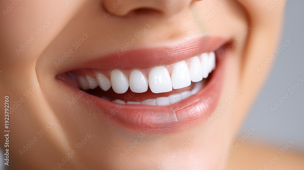 Obraz premium Joyful smile with straight teeth radiating confidence, modern dental clinic orthodontic success, oral health visualization, teeth alignment representation, with copy space