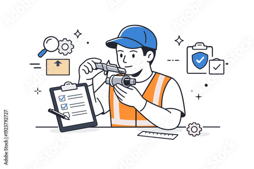 Quality control inspection. Careful inspection moment with a worker checking a product using simple tools and a checklist. Attentive mood, precision and