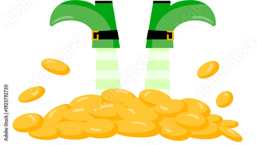 Illustration of a festive St. Patrick's Day scene with green boots and gold coins