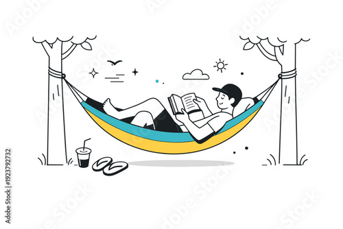 Reading books in hammocks. Hammock tied between trees with a relaxed reader turning pages slowly. Soft vacation mood and mindful rest. Minimalist flat vector