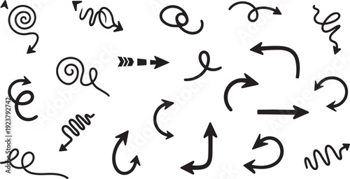 Hand drawn arrow icon set. Includes 20 hand-drawn arrows, curved and straight arrows, swirly and wavy arrows. Created in hand-drawn style with black and white color palette