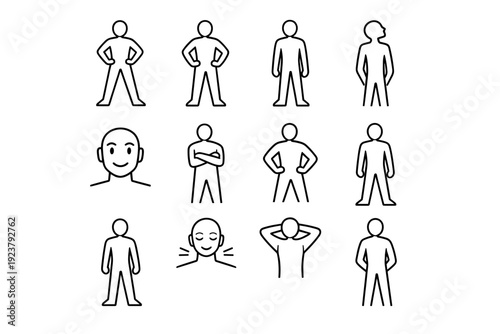 Posing with confidence. Line icon set of Posing with confidence: power stance, hands on hips, straight posture, chin up, wide stance, relaxed shoulders,
