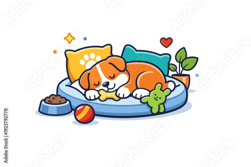 Pets lifestyle a happy pet resting comfortably at home with toys and soft decorative elements, expressing care, comfort, and everyday