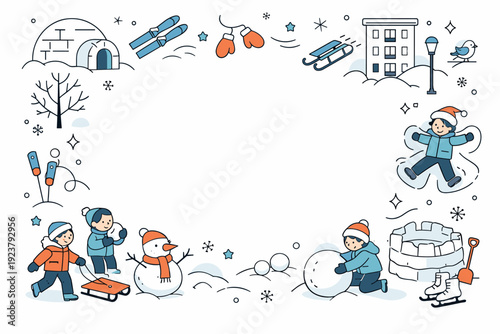 Snow play in urban courtyards. Editorial background with winter play elements forming a gentle frame around empty space. Clean seasonal layout for lifestyle