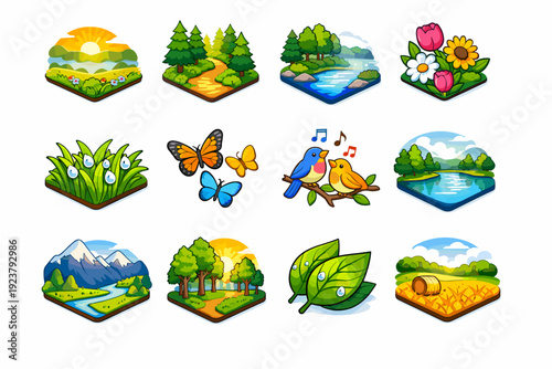 Morning Nature. Colorful isometric vector icons set of morning nature: meadow at dawn, forest path, river mist, blooming flowers, grass with dew, flying
