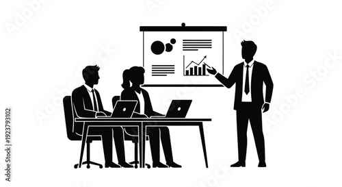 Business presentation with a team depicted in a stark silhouette