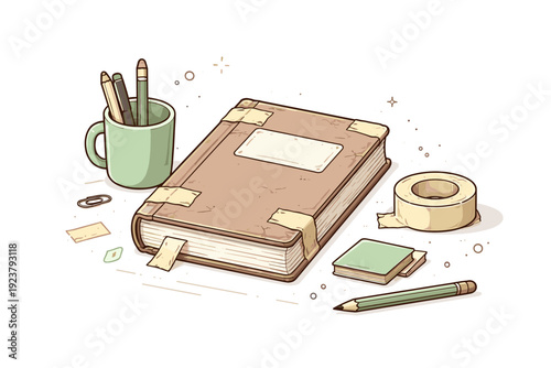 Broken but kept items. A tape-repaired book or box sits slightly worn on a tidy surface, with frayed edges and label marks visible, showing care through