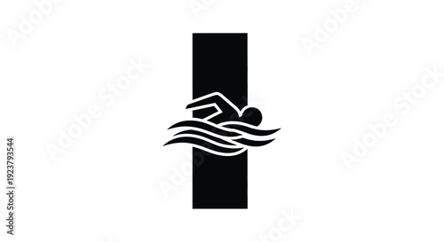 Swimmer in waves depicted as a striking black silhouette