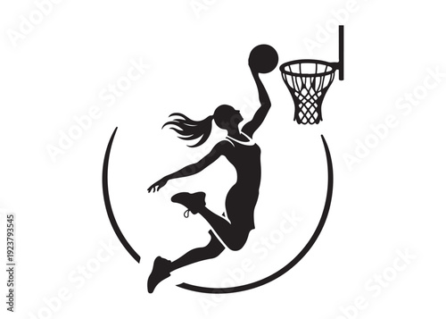 women's basketball dunking logo silhouette vector, basketball logo silhouette vector illustration, sport basketball logo vector, basketball player dunking logo vector silhouette on white background 
