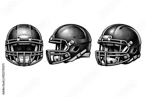 Halftone dot sports graphic American football helmet A football helmet is represented as a single object displayed from three different