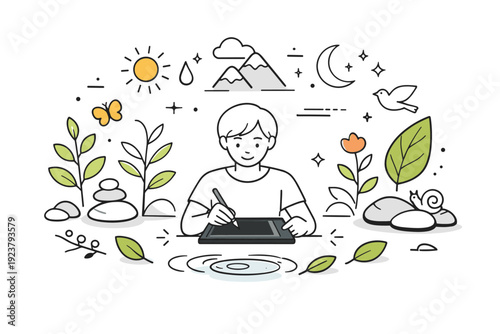 Graphic design trends nature inspired design example. Person working on a tablet surrounded by plants, stones, and abstract natural symbols.