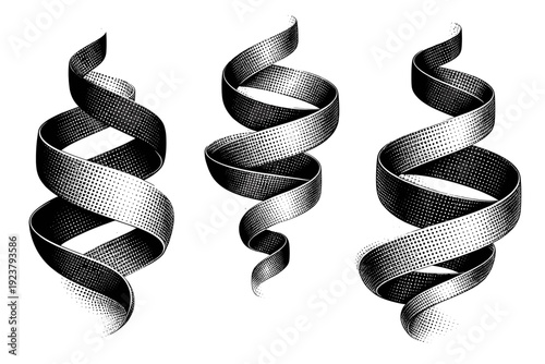 Dotted Spiral Views. Dotted spiral object twisted ribbon spiral, a single ribbon-like object winding into a spiral with subtle torsion displayed in three