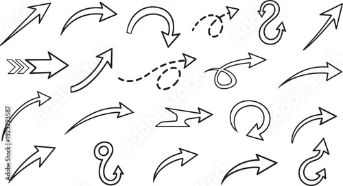 Hand drawn arrow icon set. Includes 20 different arrow symbols. Created in sketchy line style with black lines on white background.