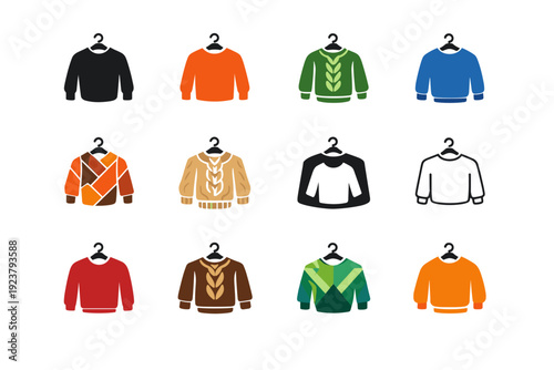 Cozy sweater. Icon set. Set Logo of Cozy sweater: hanging pullover with soft texture. harmonious logo variations of the same emblematic