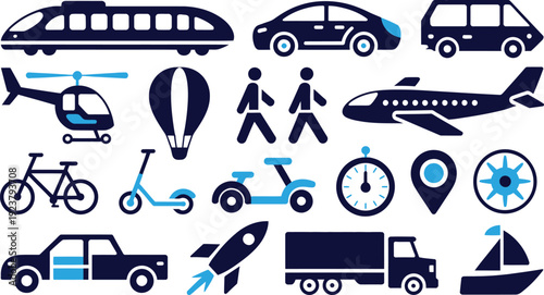Collection of various transportation icons for travel and navigation purposes online