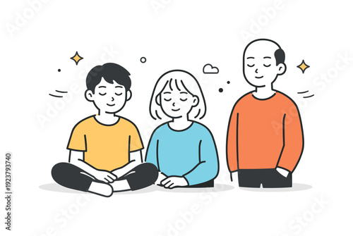 Diverse family meditating together with eyes closed and peaceful expressions