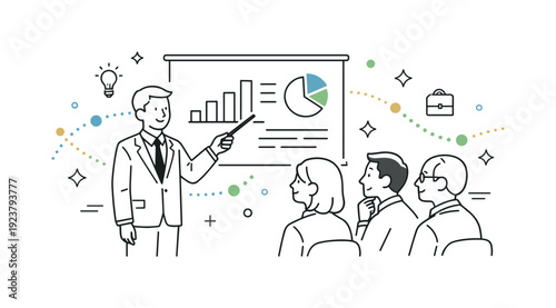 Business presentation with charts and audience in a modern line art style