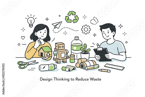 Eco-Friendly Design Lab. The role of design thinking in reducing waste. A clean workspace with prototypes made from recycled materials laid out neatly. The