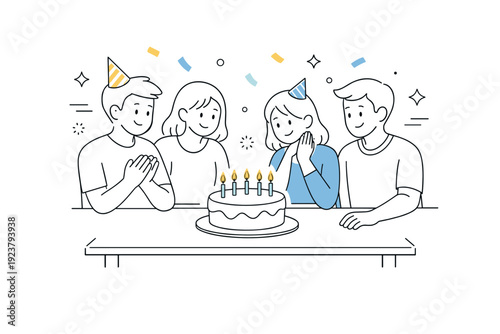 Birthday concepts. A small group gathers around a simple cake with candles on a clean table. Warm, friendly celebration mood with floating