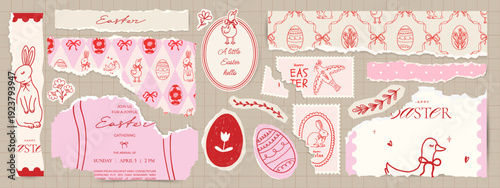 Easter vintage scrapbook elements. Retro torn paper decor. Scraps of holiday vintage wrapping paper, postcards, postage stamps. Vector design template for design collage