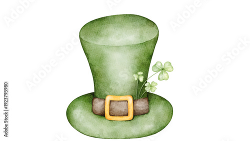 A green top hat adorned with shamrocks and a golden buckle, symbolizing Irish heritage in a festive illustration.