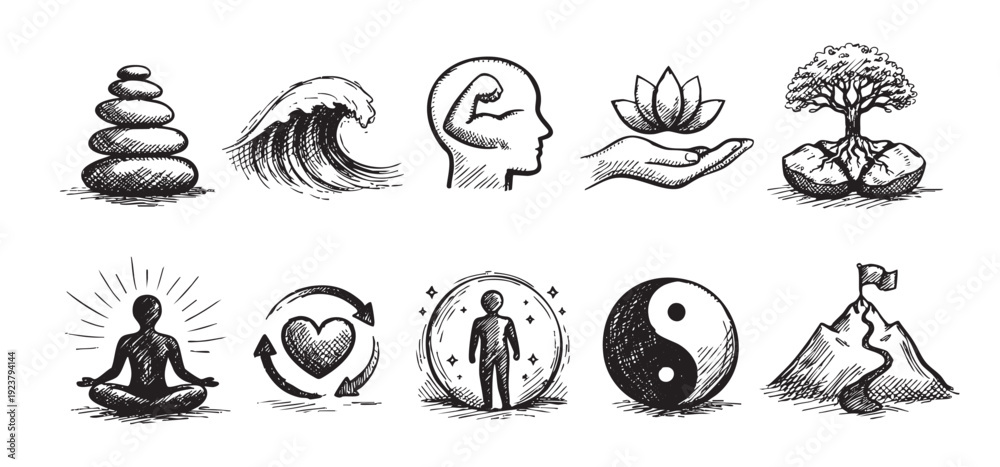 Obraz premium A collection of sketched wellness icons including balance, strength, nature, mindfulness, and goals. Ideal for depicting holistic health concepts in websites, articles, and presentations.