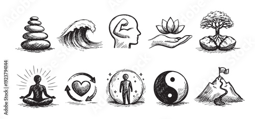 A collection of sketched wellness icons including balance, strength, nature, mindfulness, and goals. Ideal for depicting holistic health concepts in websites, articles, and presentations.