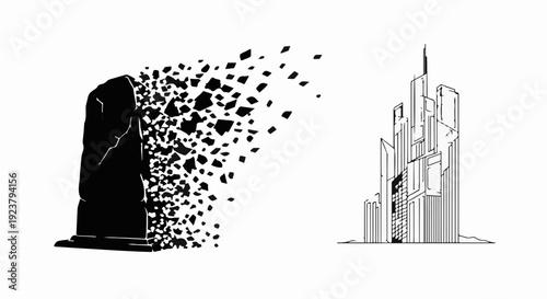 Ancient monument dissolving into modern architectural forms, symbolizing transition and progress.