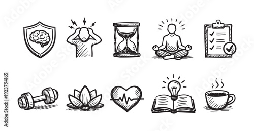 Set of hand-drawn style icons representing health, wellness, productivity and mindfulness. Includes brain protection, meditation, hourglass, tasks, dumbbell, flower, heart and coffee.