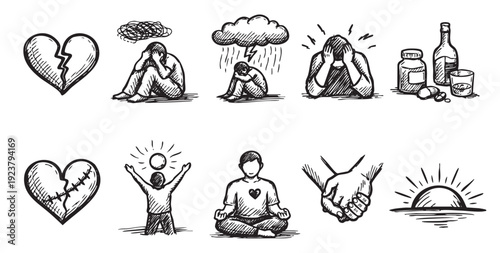 A hand-drawn illustration shows the progression from sadness and depression to healing and hope, depicting broken hearts, despair, medication, meditation, and support.