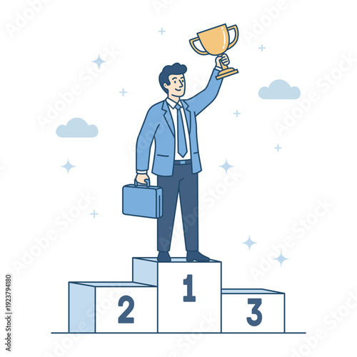 Businessman winner champion standing on first place of podium pedestal and holding gold trophy cup. Business success, leadership achievement and career goal concept. Flat line vector illustration.