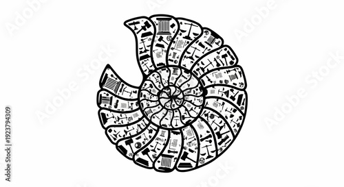 Intricate ammonite fossil illustration showcasing ancient life and natural history