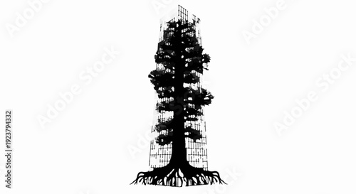 Tall tree with exposed roots growing from a building, symbolizing nature's resilience and urban integration.
