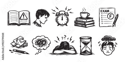 Hand-drawn style illustration depicting student stress. Exam failure, lack of time, anxiety. Use for educational content, mental health awareness, or time management solutions.