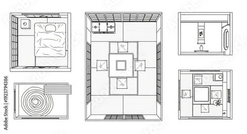 Architectural blueprint of a modern house with detailed room layouts and design elements.