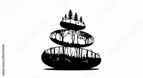 Zen stones stacked with tranquil forest silhouette, symbolizing balance and nature